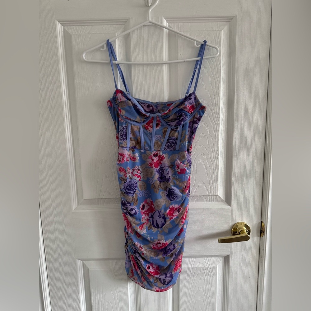 SHEIN PETITE FLORAL PRINT RUCHED SIDE BUSTIER MESH CAMI BODYCON DRESS SIZE S/4 - Picture 3 of 7